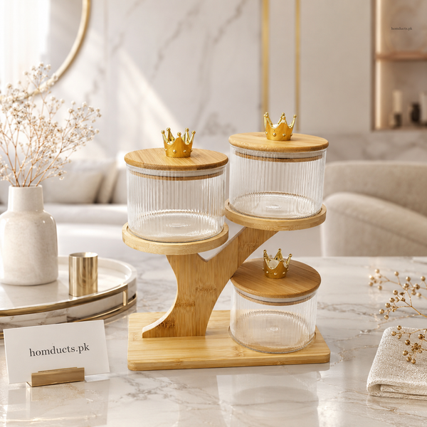 Luxury 3-Tier Glass Storage Jars with Bamboo Stand & Golden Crown Lids