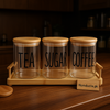 Luxury Glass Tea Sugar Coffee Jar Set with Bamboo Lids & Wooden Tray – 3-Piece Airtight Storage Containers
