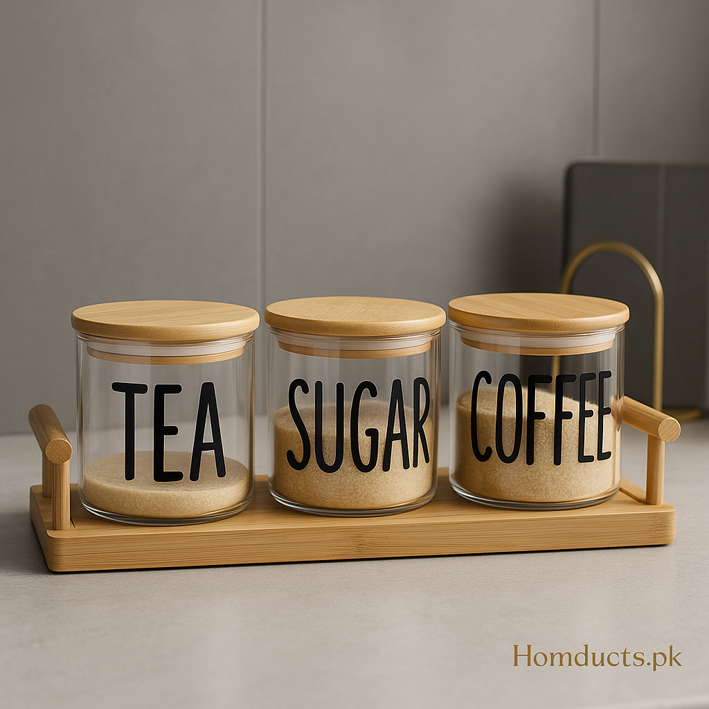 Luxury Bamboo Tea Sugar Coffee Jar Set – 3 Glass Canisters with Airtight Wooden Lids & Tray | Homducts.pk