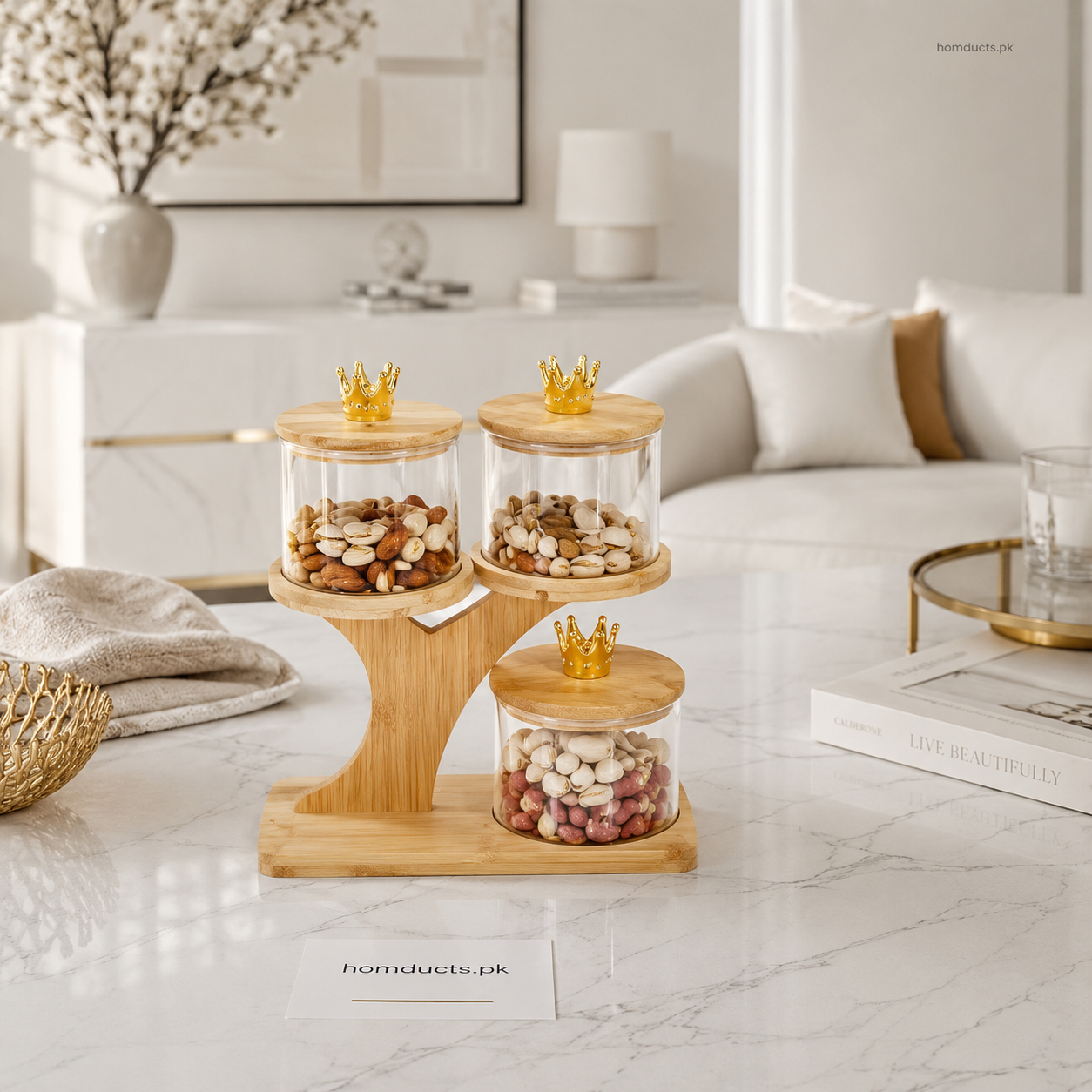 Luxury 3-Tier Glass Storage Jars with Bamboo Stand & Golden Crown Lids