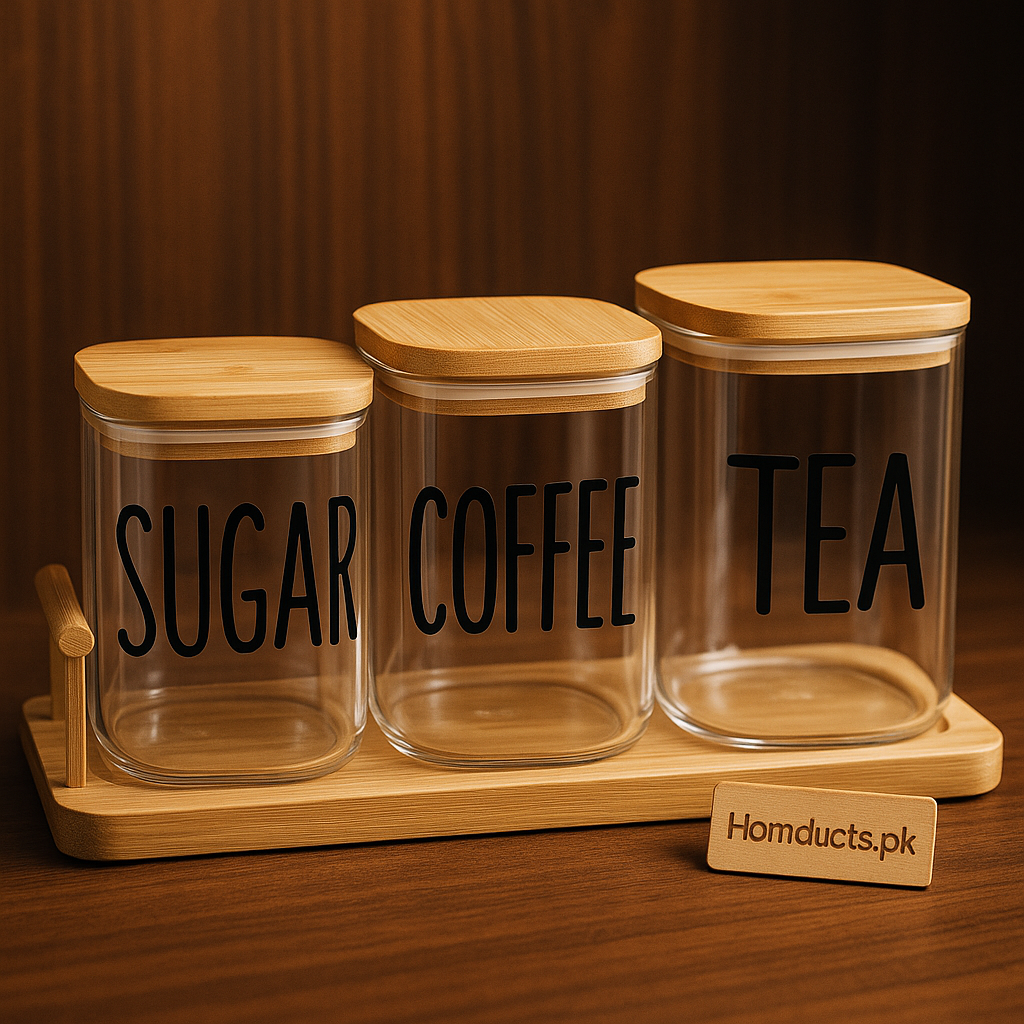 Luxury Bamboo Glass Jar Set – Sugar, Coffee & Tea Storage Containers with Airtight Wooden Lids & Tray | Homducts.pk