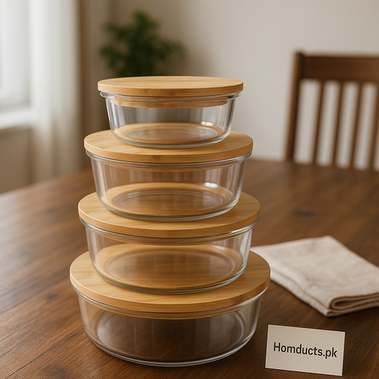 Premium Round Glass Food Storage Bowls with Bamboo Lids – Airtight, Stackable, Heat-Resistant (Set of 4) | Homducts.pk