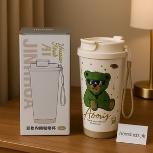 Premium 520ml Ceramic Vacuum Flask – Cute Bear Design | Leak-Proof & Heat Insulated Cup
