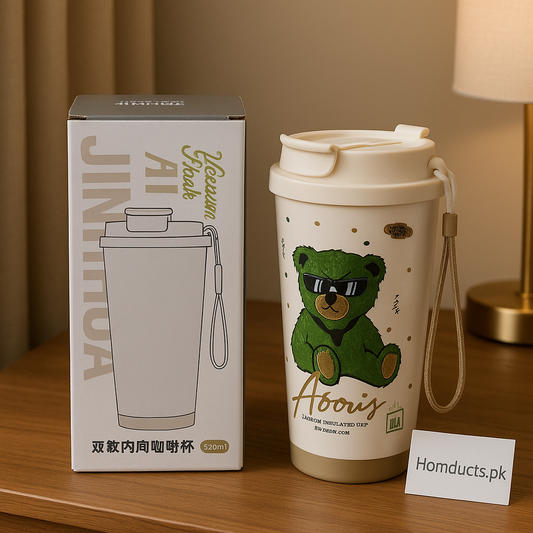 Premium 520ml Ceramic Vacuum Flask – Cute Bear Design | Leak-Proof & Heat Insulated Travel Cup