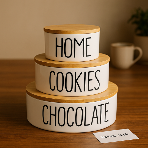 3-Piece Ceramic Storage Jar Set with Bamboo Lids – HOME / COOKIES / CHOCOLATE | Premium Kitchen Organizer Containers