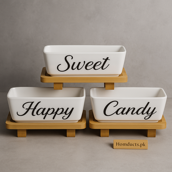 Luxury Ceramic Snack Bowl with Wooden Stand – Sweet / Happy / Candy