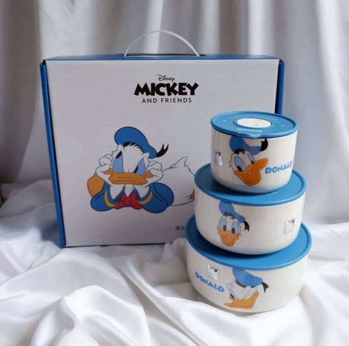 Disney Donald Duck 3-Piece Airtight Bowl Set – Premium Food Storage Containers (With Blue Lids)