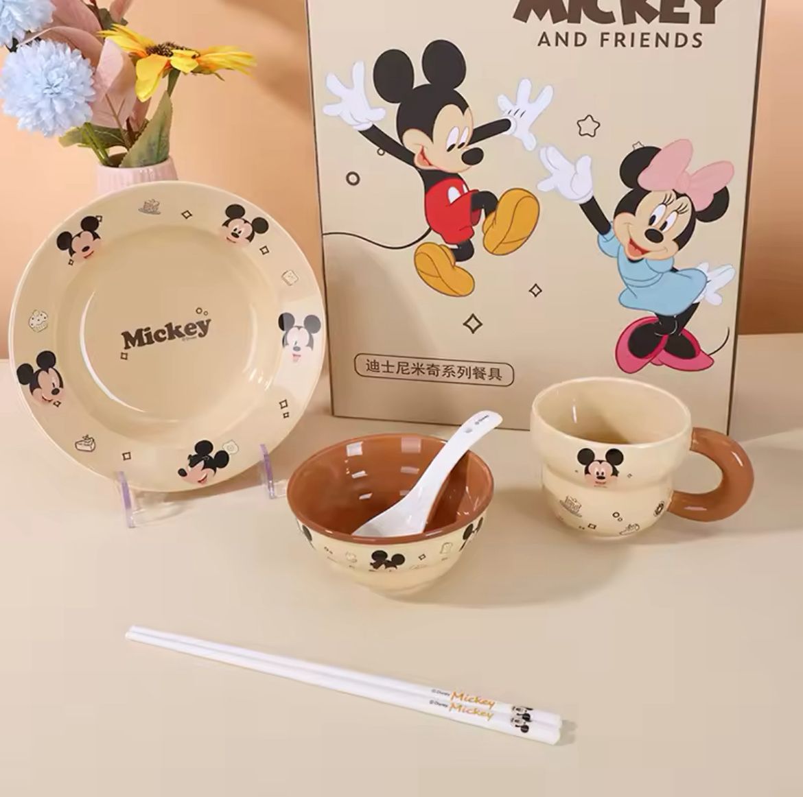 Disney Mickey Mouse 5-Piece Kids Dinner Set – Plate, Bowl, Mug, Spoon & Chopsticks (Gift Box Included)