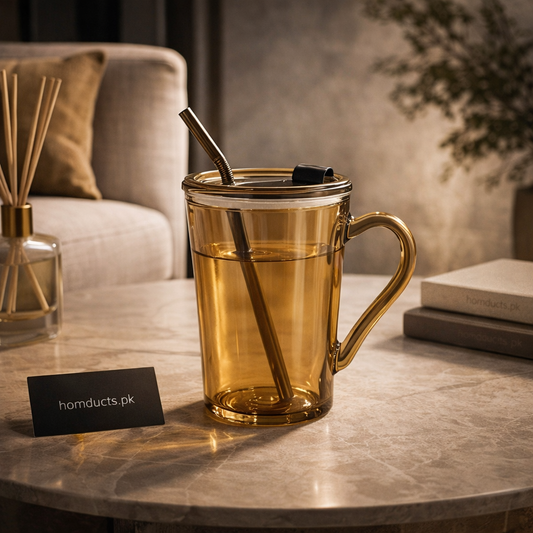 Premium Heat-Resistant Glass Handle Mug with Lid – Elegant Drinking Cup (1 Pc)