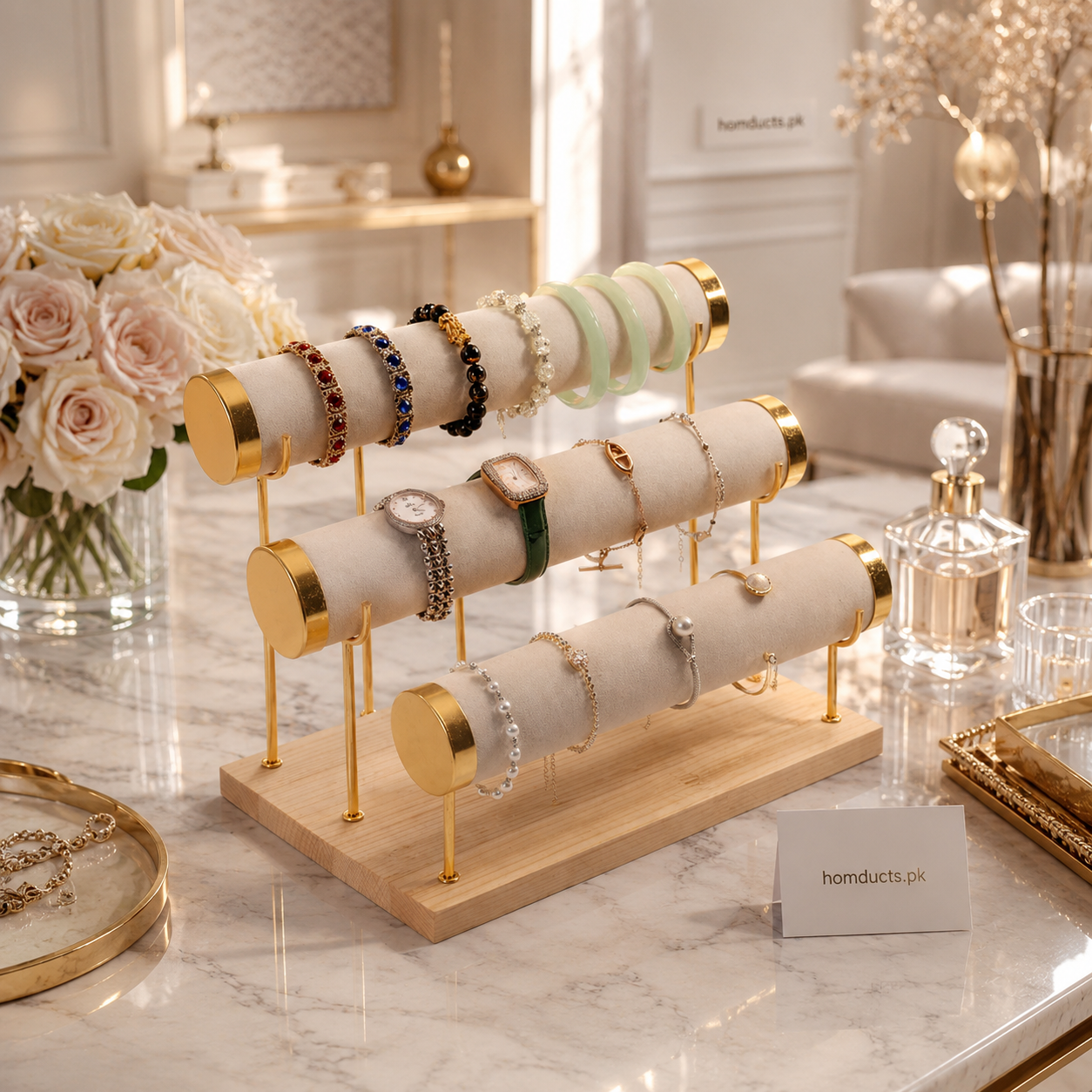 3-Tier Velvet Bracelet & Bangle Display Stand – Elegant Jewelry Organizer with Gold Accents & Wooden Base