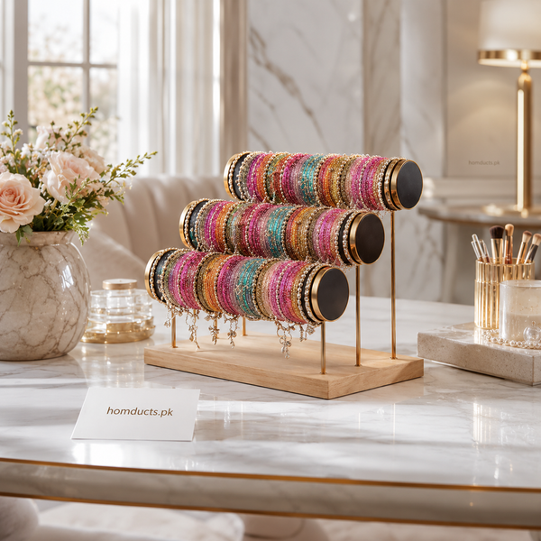 3-Tier Velvet Bracelet & Bangle Display Stand – Elegant Jewelry Organizer with Gold Accents & Wooden Base