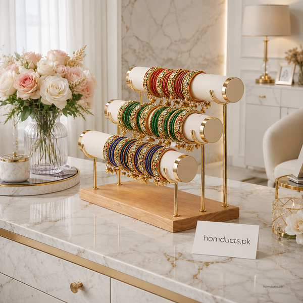 3-Tier Velvet Bracelet & Bangle Display Stand – Elegant Jewelry Organizer with Gold Accents & Wooden Base
