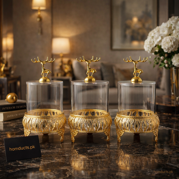 Luxury Crystal Storage Jar Set with Decorative Deer Lid – 3 Pcs Elegant Organizer