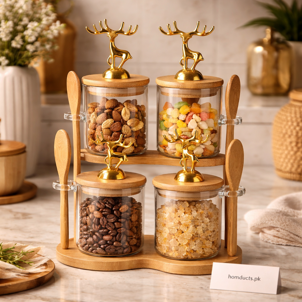 Luxury Deer Lid Glass Jar Storage Set with Wooden Stand (4 Pcs)