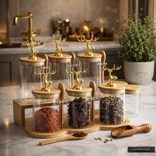Luxury Glass Spice Jar Set with Wooden Stand & Spoon – Premium Kitchen Organizer