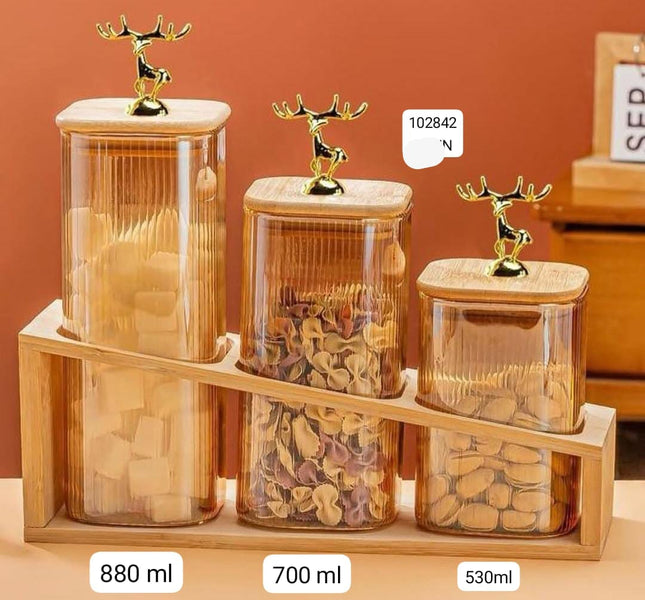 Luxury Glass Storage Jar Set with Golden Deer Lid & Bamboo Stand – 3pcs (880ml, 700ml, 530ml)