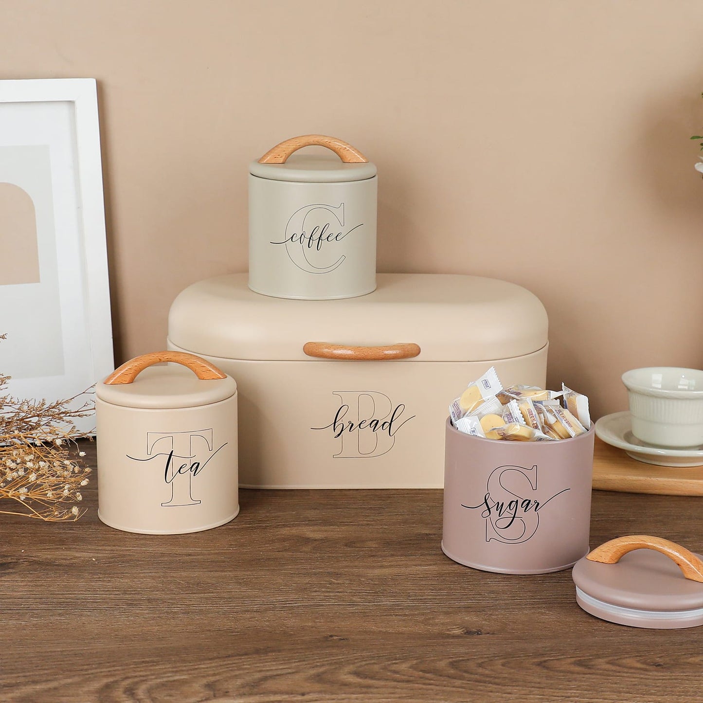 Premium Tea, Coffee, Sugar & Bread Storage Set – Wooden Handle Kitchen Canisters