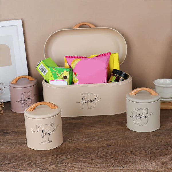 Premium Tea, Coffee, Sugar & Bread Storage Set – Wooden Handle Kitchen Canisters