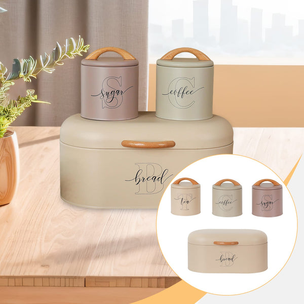 Premium Tea, Coffee, Sugar & Bread Storage Set – Wooden Handle Kitchen Canisters