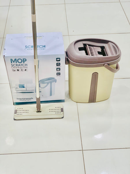 2-in-1 Scratch Cleaning Flat Mop with Dual-Compartment Bucket & Hands-Free Wringer
