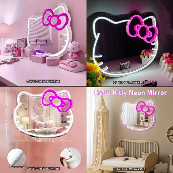 Hello Kitty Neon LED Mirror – Cold White + Pink Light Cute Vanity Mirror