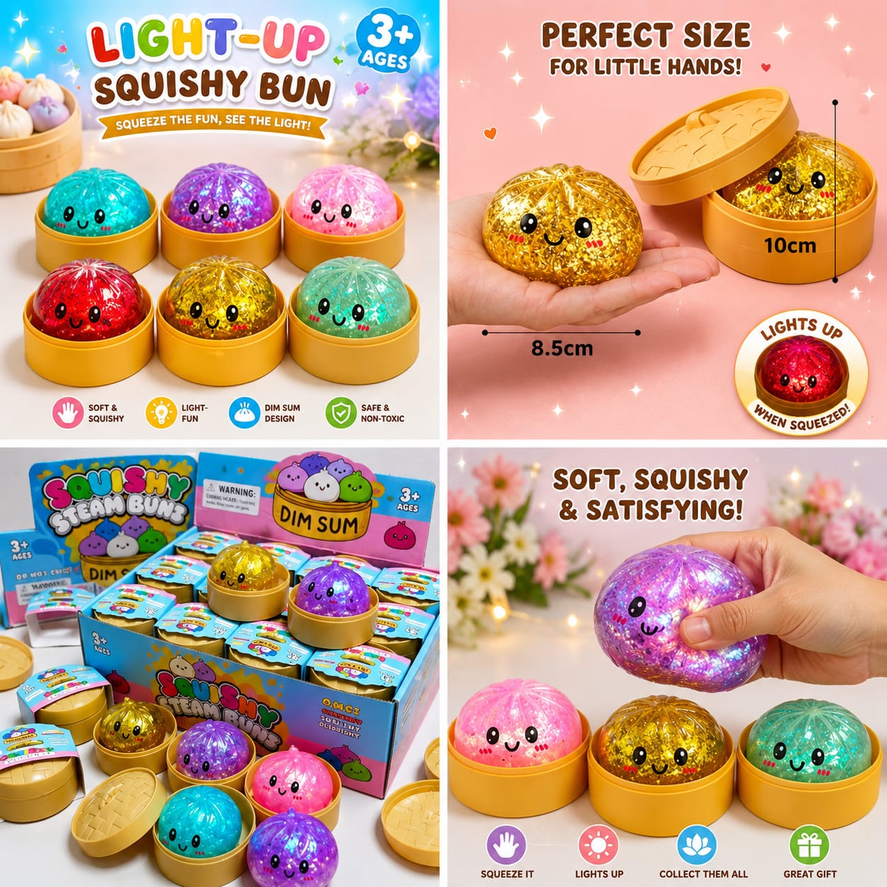 Light-Up Glitter Squishy Dim Sum Bun Toy with Case – 1 Pc