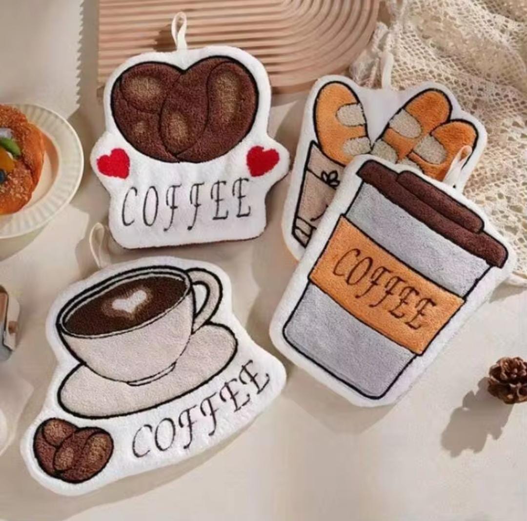 Coffee-Themed Microfiber Hanging Hand Towel – 1/2/4 Pcs