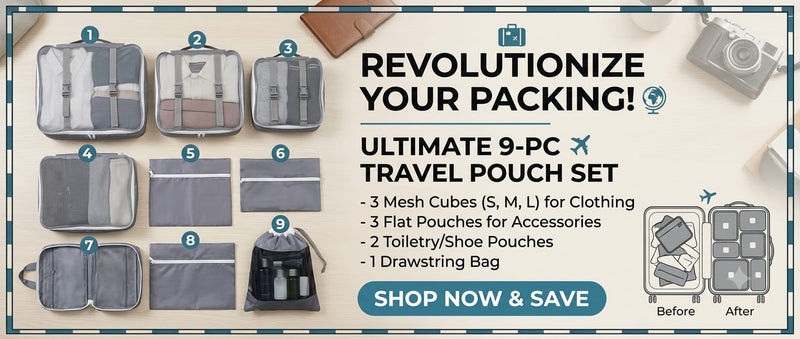 9-Piece Travel Packing Organizer Bags Set – Mesh Luggage Packing Cubes & Storage Pouches