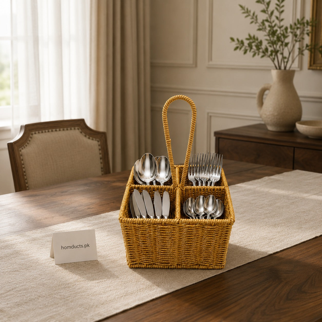 Rattan Utensil Organizer Basket with Handle – Multi-Compartment Cutlery Holder