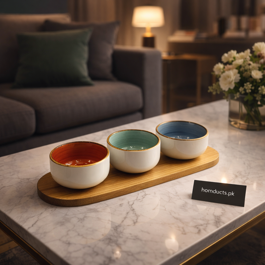 Dany Home Premium 3-Piece Ceramic Dip Bowl Set with Wooden Serving Tray