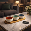 Dany Home Premium 3-Piece Ceramic Dip Bowl Set with Wooden Serving Tray
