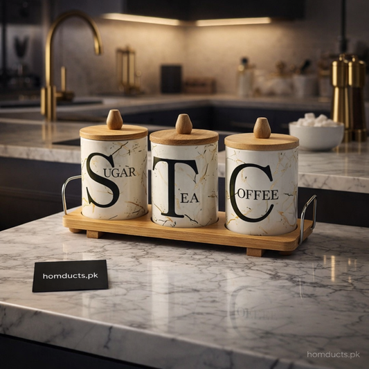 Premium 3-Piece Ceramic Kitchen Storage Jar Set with Wooden Stand – Sugar, Tea & Coffee Canisters