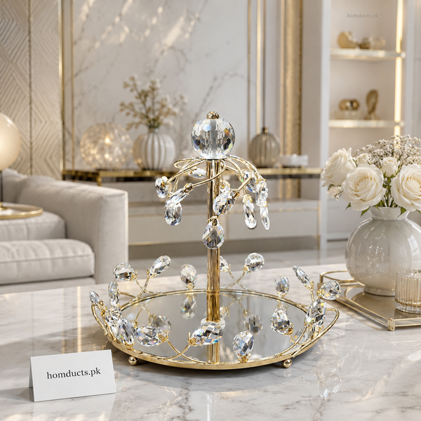 Luxury Crystal Serving Tray with Gold Stand | Elegant Decorative Centerpiece