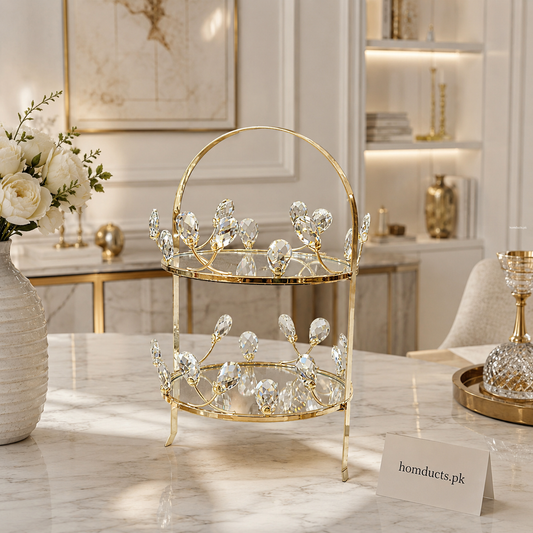 Luxury Crystal 2-Tier Gold Serving Stand with Mirror Shelves