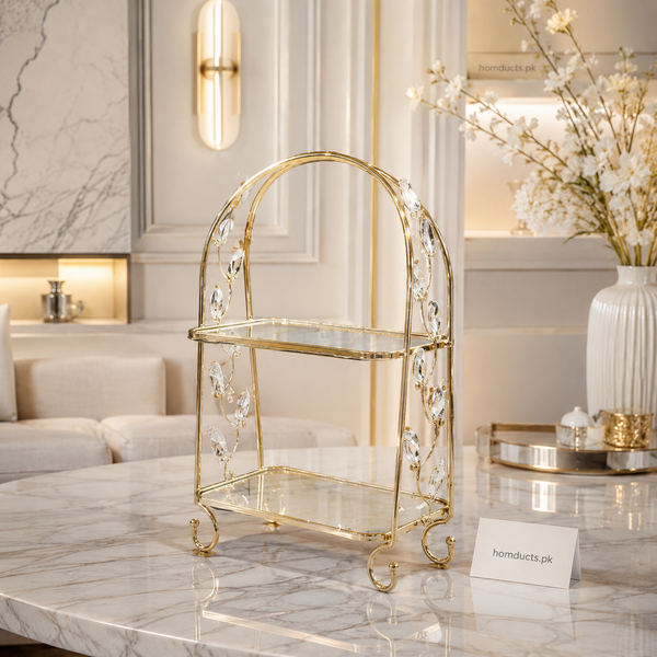 Luxury Crystal Gold 2-Tier Serving Stand with Glass Shelves | Elegant Dessert & Décor Organizer