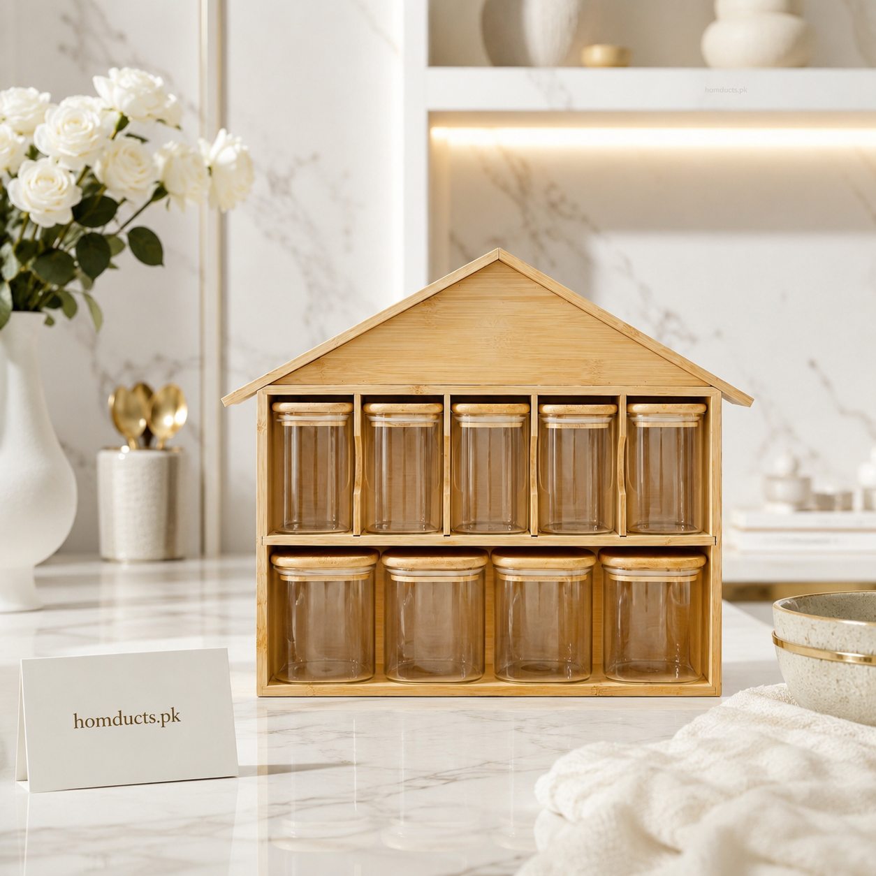9-Piece Bamboo Hut Glass Spice Jar Organizer Set with Wooden Rack | Kitchen Masala Storage Container