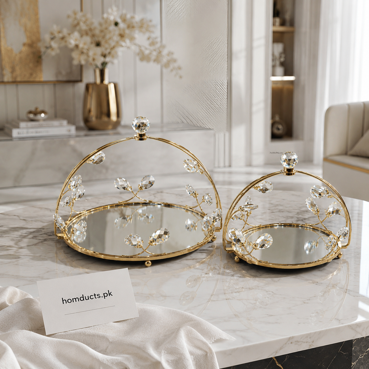 Luxury Crystal Gold Serving Tray Set – 2 Pcs Decorative Mirror Display Stand