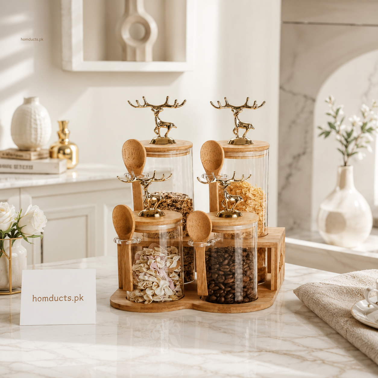 Luxury Deer Lid Glass Storage Jar Set with Wooden Stand – 4 Pcs Premium Kitchen Organizer