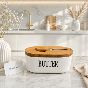 Premium Ceramic Butter Dish with Wooden Lid & Butter Knife | Kitchen Butter Storage Container