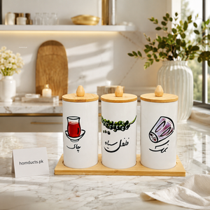 3-Piece Airtight Ceramic Kitchen Storage Jar Set with Bamboo Lids & Wooden Tray – Tea, Sugar & Salt Canisters