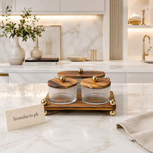 Luxury 3-Piece Glass Dry Fruit & Snack Serving Stand with Wooden Lids & Premium Wooden Tray