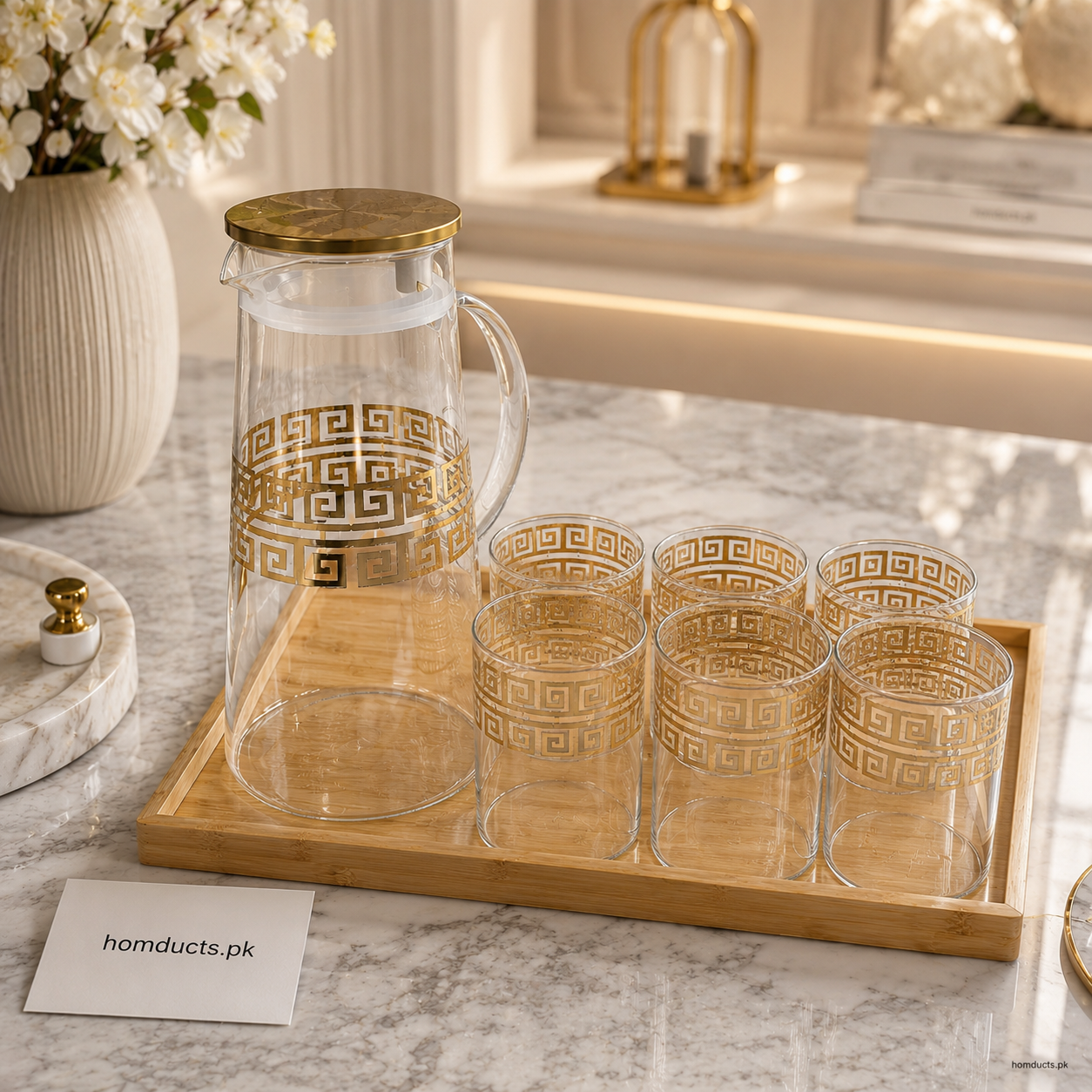 Luxury Greek Pattern Glass Jug & Tumbler Set – 7 Pcs Gold Edition