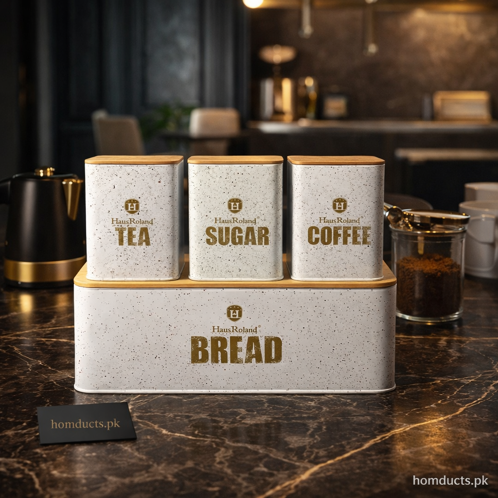 Premium 4-Piece Kitchen Storage Canister & Bread Box Set – Tea, Sugar ...