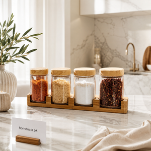 Luxury 4-Piece Glass Spice Jar Set with Wooden Stand | Modern Kitchen Seasoning Organizer