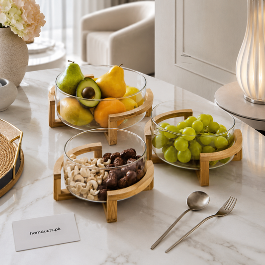 Luxury Glass Serving Bowl with Wooden Stand – Modern Fruit & Snack Bowl (1 Pc)