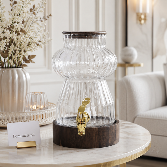 Luxury Ribbed Glass Beverage Dispenser with Wooden Base & Gold Tap
