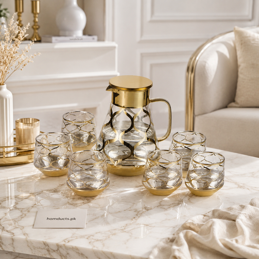 Luxury Gold Geometric Glass Jug Set – 7 Pcs Premium Drinkware Collection