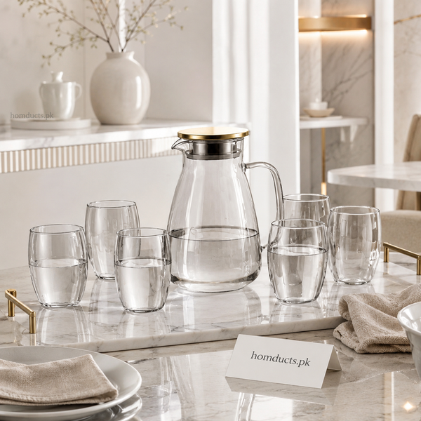 Luxury Glass Water Jug & Tumbler Set with Golden Lid – 7 Pcs Premium Drinkware Set