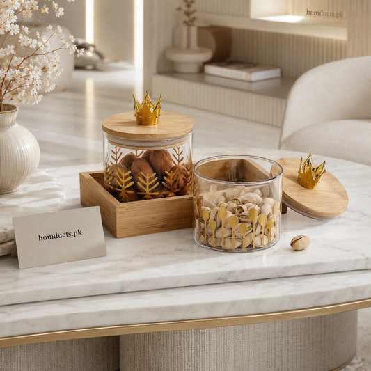 Luxury Crown Glass Storage Jar Set with Wooden Lid – 3 Piece Decorative Kitchen Organizer Set