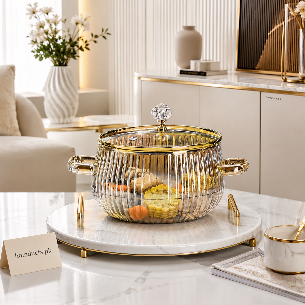 Luxury Ribbed Glass Double Handle Cooking Pot with Lid – 2.5L Heat Resistant Serving Casserole
